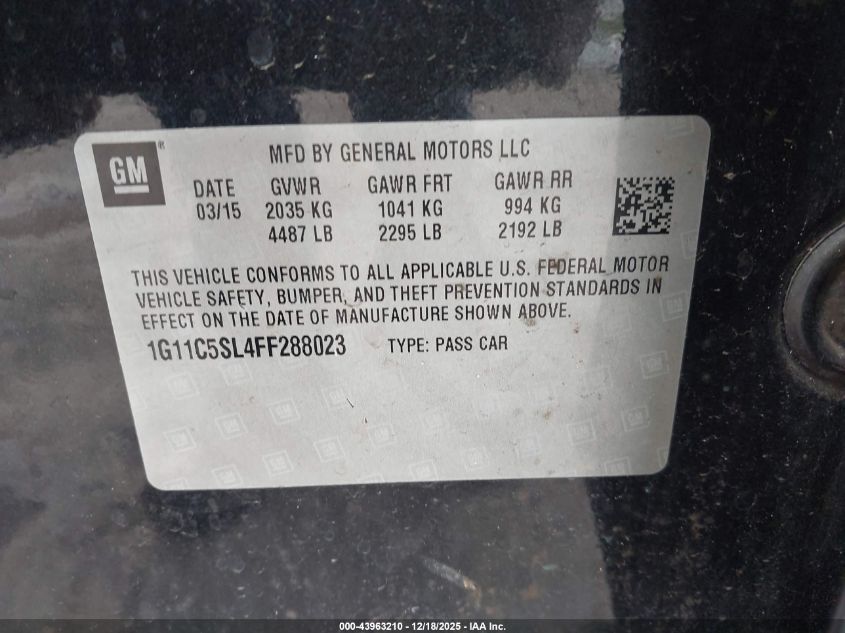 2015 Chevrolet Malibu 1Lt VIN: 1G11C5SL4FF288023 Lot: 43963210