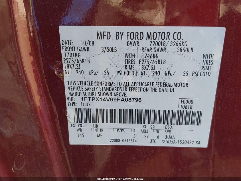 2009 Ford F-150 Fx4/Lariat/Xl/Xlt VIN: 1FTPX14V69FA08796 Lot: 43963212