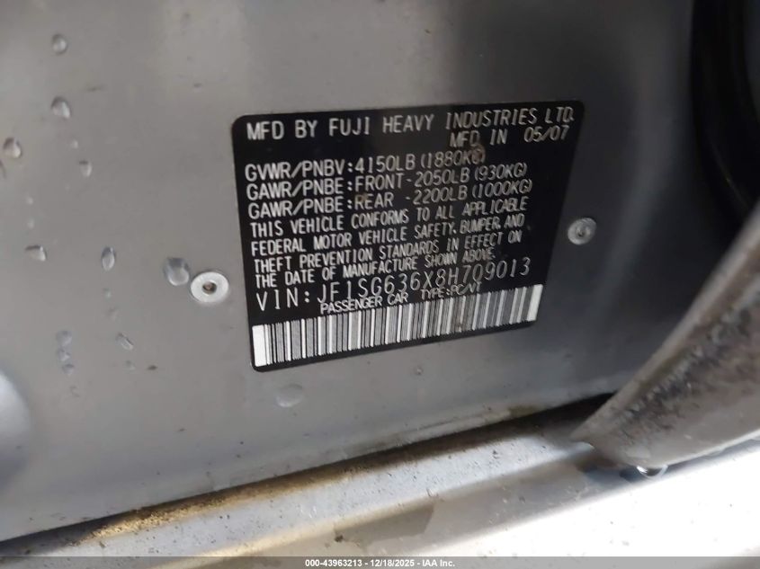 2008 Subaru Forester 2.5X VIN: JF1SG636X8H709013 Lot: 43963213