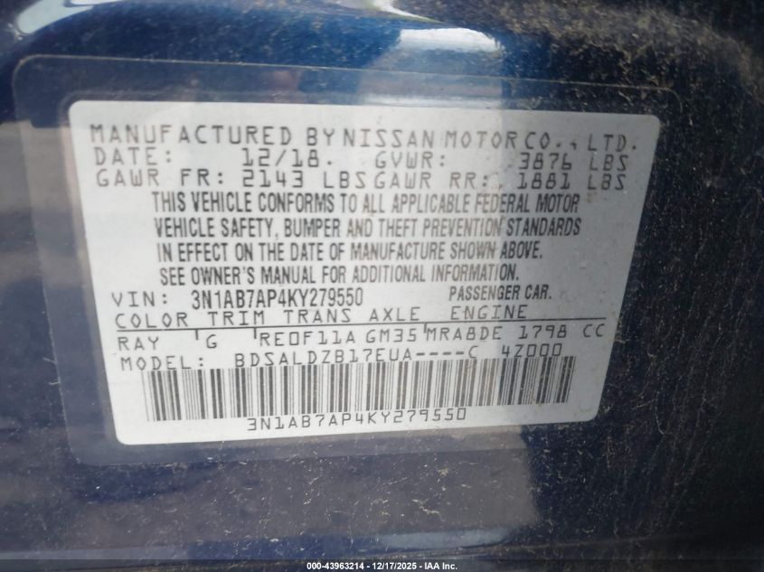 2019 Nissan Sentra Sv VIN: 3N1AB7AP4KY279550 Lot: 43963214