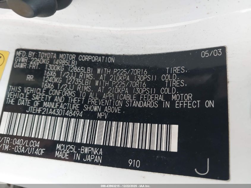 2003 Toyota Highlander Limited V6 VIN: JTEHF21A430148494 Lot: 43963215