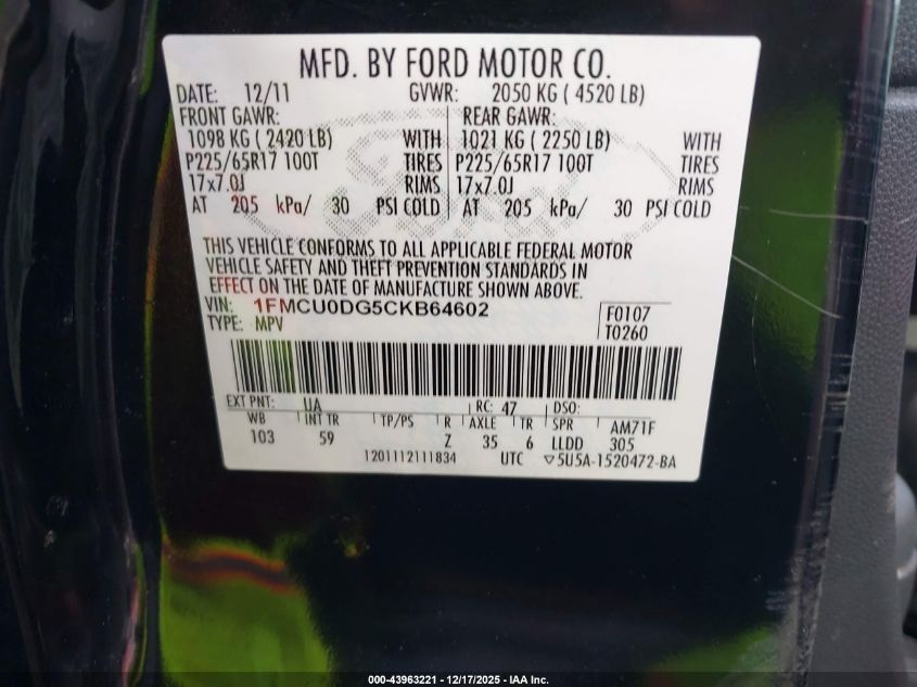 2012 Ford Escape Xlt VIN: 1FMCU0DG5CKB64602 Lot: 43963221