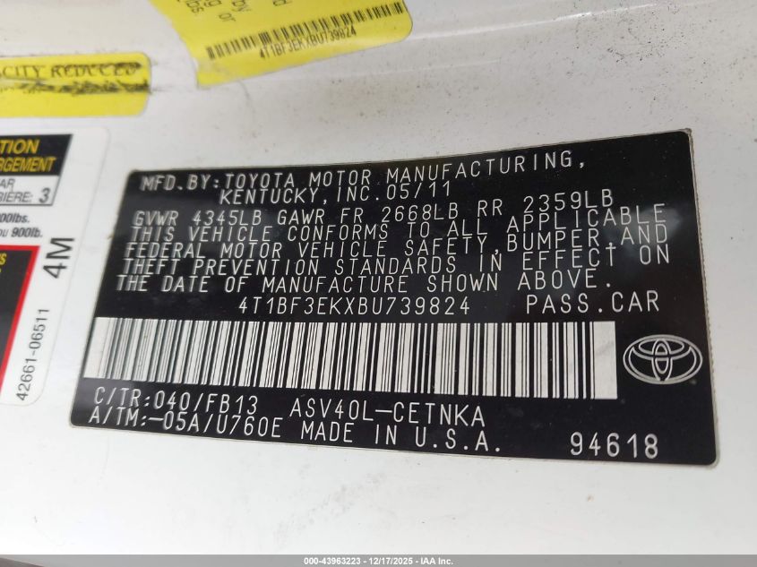 2011 Toyota Camry Le VIN: 4T1BF3EKXBU739824 Lot: 43963223