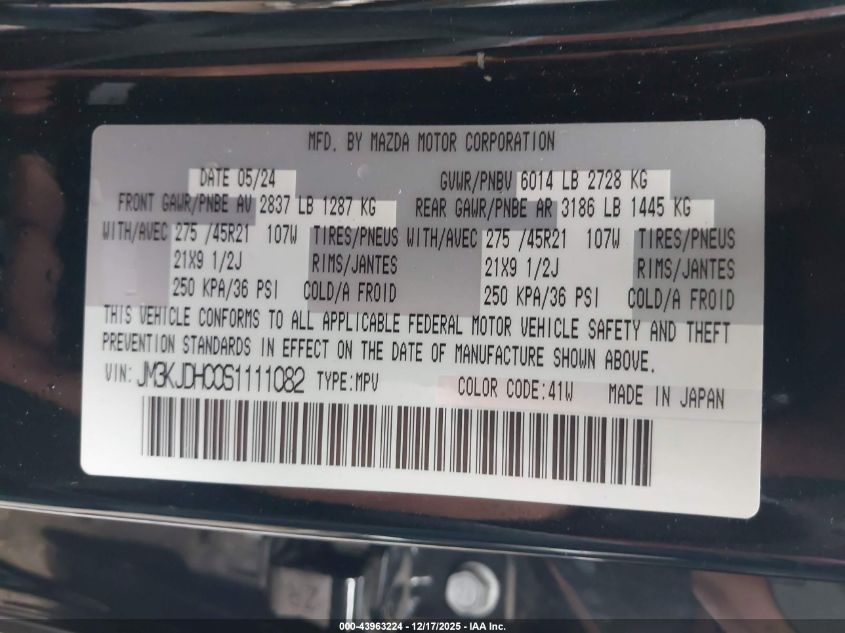 2025 Mazda Cx-70 3.3 Turbo S Premium VIN: JM3KJDHC0S1111082 Lot: 43963224