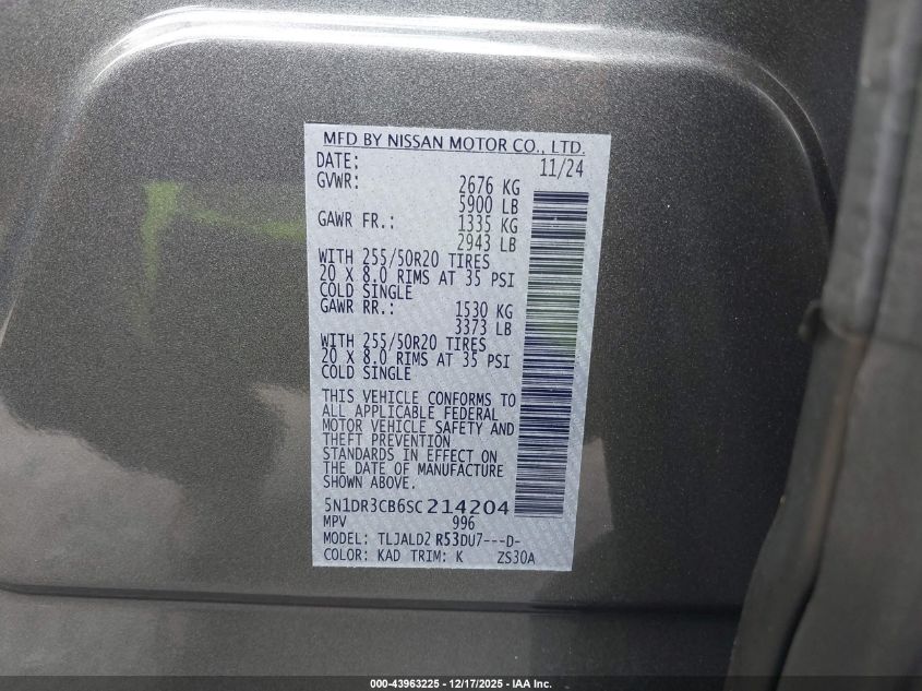 2025 Nissan Pathfinder Sl Fwd VIN: 5N1DR3CB6SC214204 Lot: 43963225