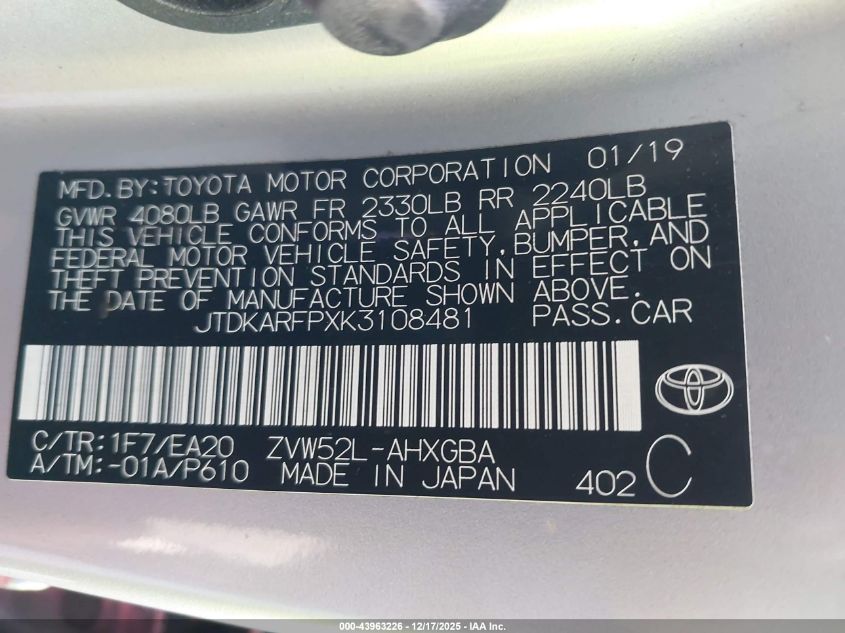 2019 Toyota Prius Prime Premium VIN: JTDKARFPXK3108481 Lot: 43963226