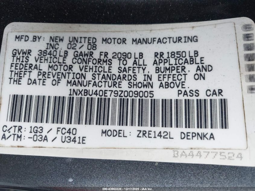 2009 Toyota Corolla Xle VIN: 1NXBU40E79Z009005 Lot: 43963228