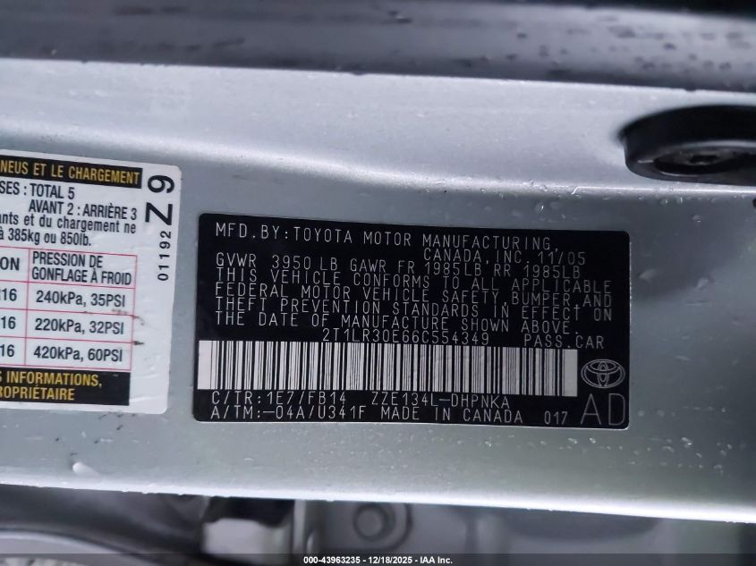 2006 Toyota Matrix Xr VIN: 2T1LR30E66C554349 Lot: 43963235