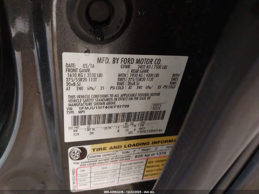 2016 Ford Expedition Platinum VIN: 1FMJU1MT4GEF51799 Lot: 43963236