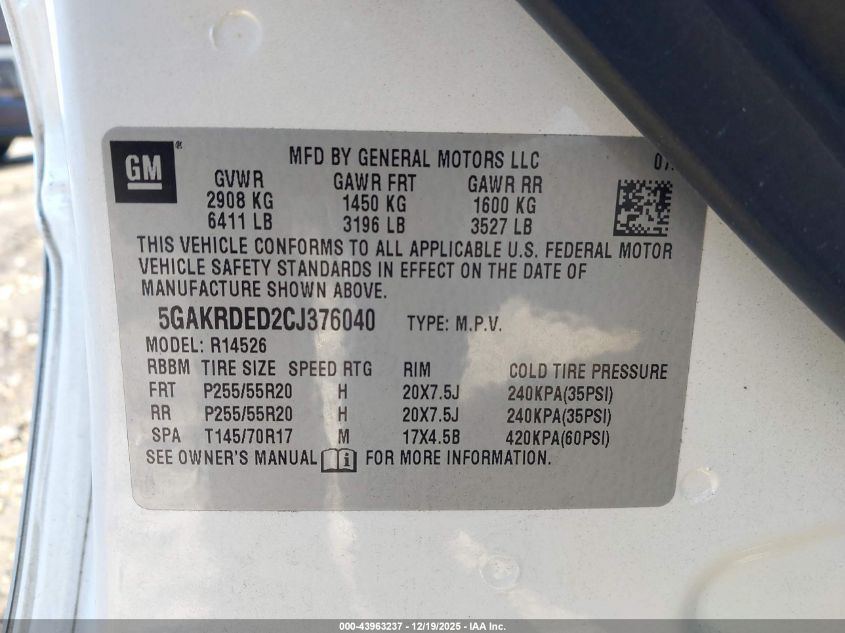 2012 Buick Enclave Premium VIN: 5GAKRDED2CJ376040 Lot: 43963237