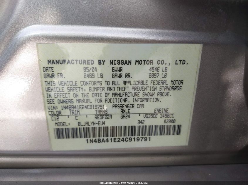 2004 Nissan Maxima 3.5 Sl VIN: 1N4BA41E24C919791 Lot: 43963239