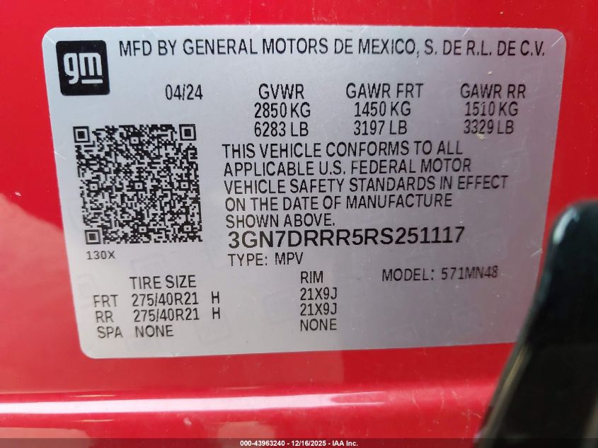 2024 Chevrolet Equinox Ev Rs VIN: 3GN7DRRR5RS251117 Lot: 43963240