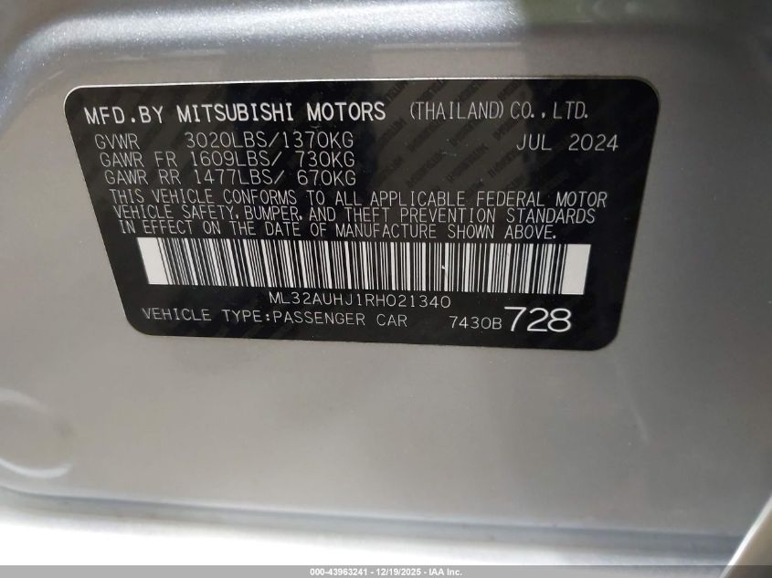 2024 Mitsubishi Mirage Es/Le VIN: ML32AUHJ1RH021340 Lot: 43963241