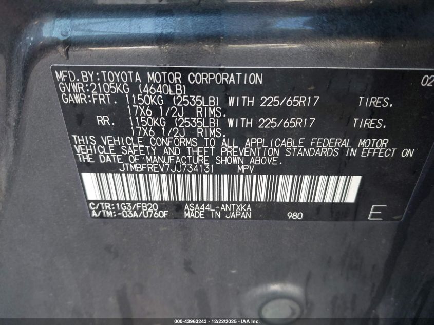 2018 Toyota Rav4 Le VIN: JTMBFREV7JJ734131 Lot: 43963243