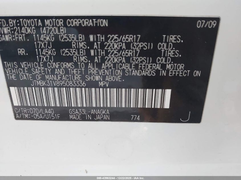 2009 Toyota Rav4 Limited V6 VIN: JTMBK31V895083336 Lot: 43963244