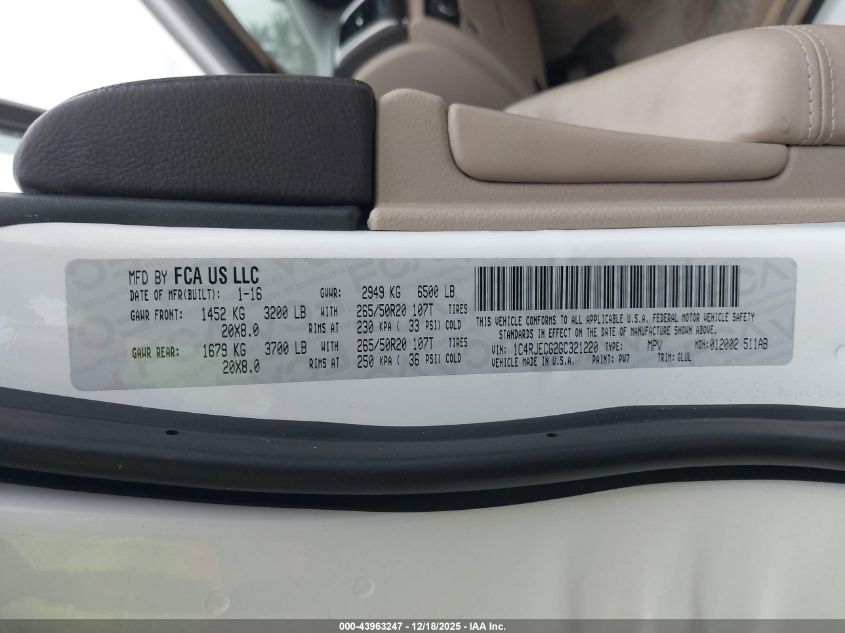 2016 Jeep Grand Cherokee Overland VIN: 1C4RJECG2GC321220 Lot: 43963247