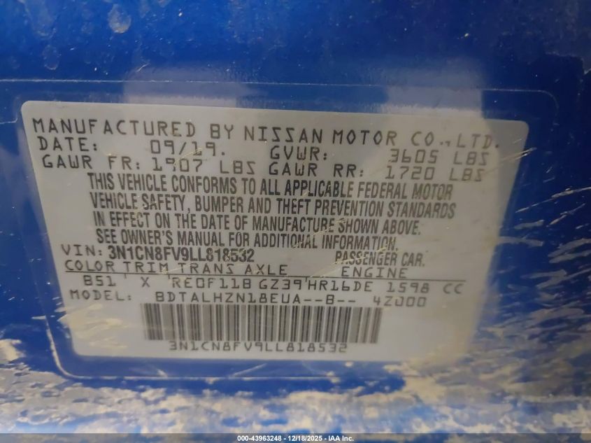 2020 Nissan Versa Sr Xtronic Cvt VIN: 3N1CN8FV9LL818532 Lot: 43963248