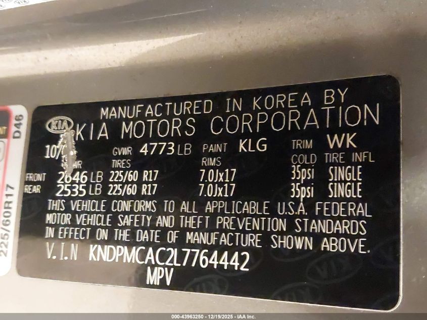 2020 Kia Sportage Lx VIN: KNDPMCAC2L7764442 Lot: 43963250