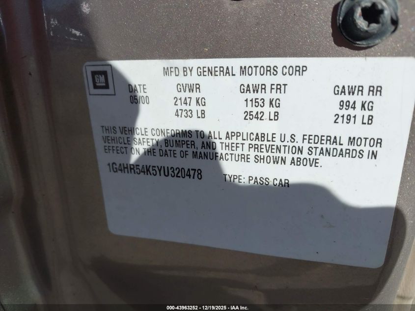 2000 Buick Lesabre Limited VIN: 1G4HR54K5YU320478 Lot: 43963252