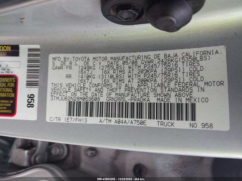 2008 Toyota Tacoma Prerunner V6 VIN: 3TMJU62N28M069608 Lot: 43963255
