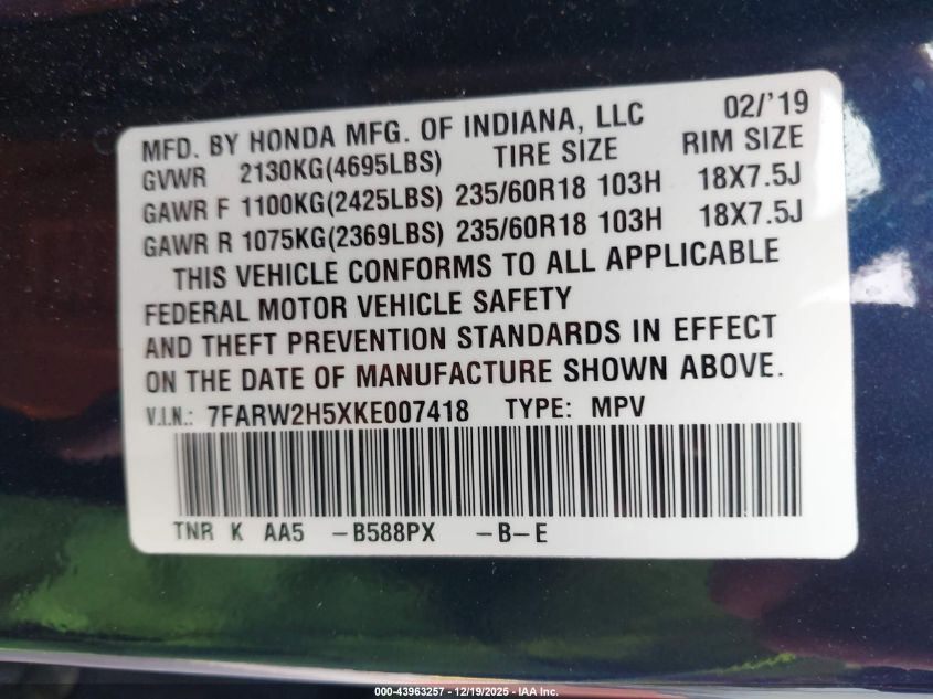 2019 Honda Cr-V Ex VIN: 7FARW2H5XKE007418 Lot: 43963257