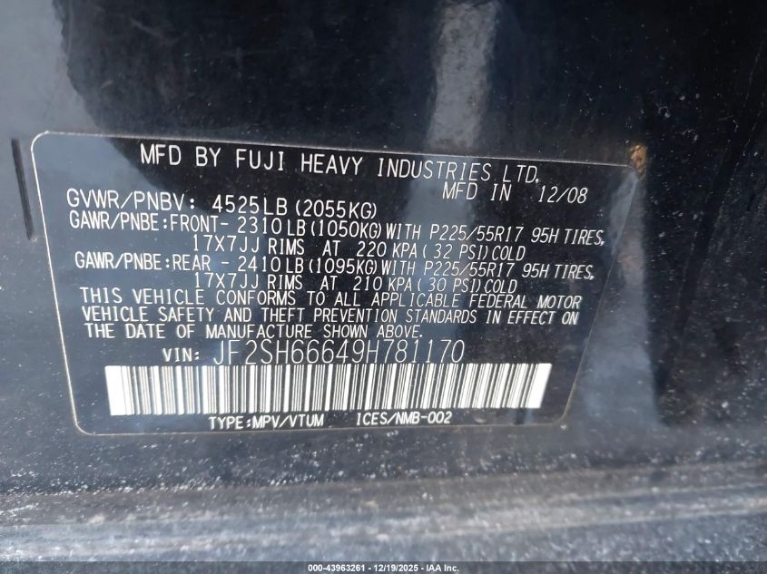 2009 Subaru Forester 2.5Xt Limited VIN: JF2SH66649H781170 Lot: 43963261