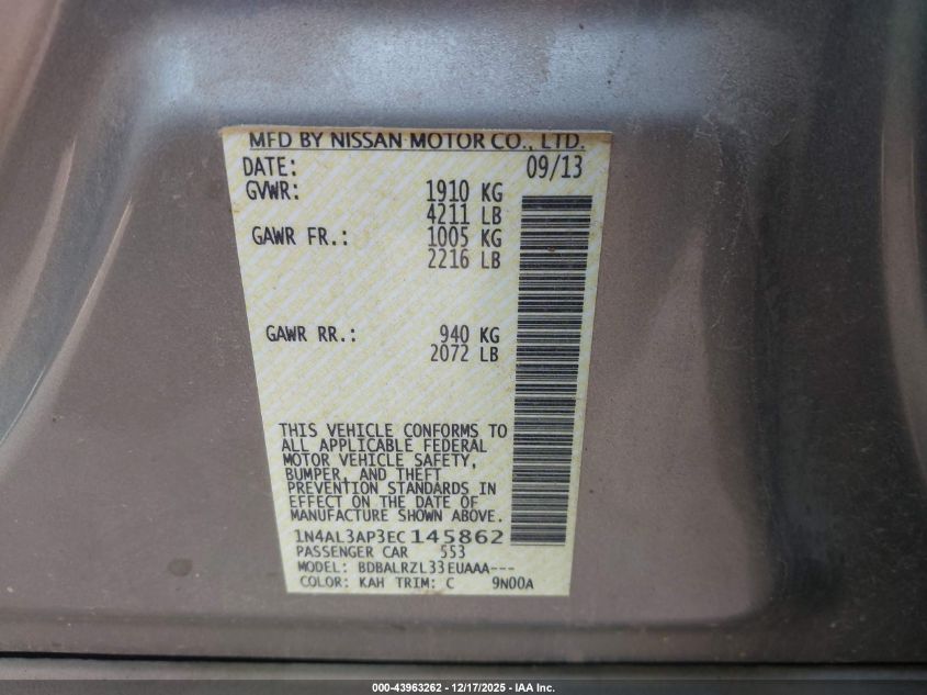 2014 Nissan Altima 2.5 S VIN: 1N4AL3AP3EC145862 Lot: 43963262