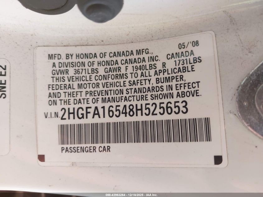 2008 Honda Civic Lx VIN: 2HGFA16548H525653 Lot: 43963264