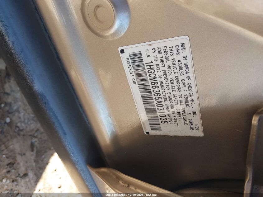 2005 Honda Accord 3.0 Lx VIN: 1HGCM66365A031035 Lot: 43963268
