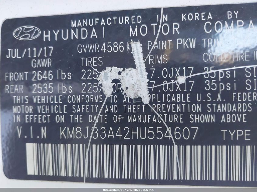 2017 Hyundai Tucson Se VIN: KM8J33A42HU554607 Lot: 43963270