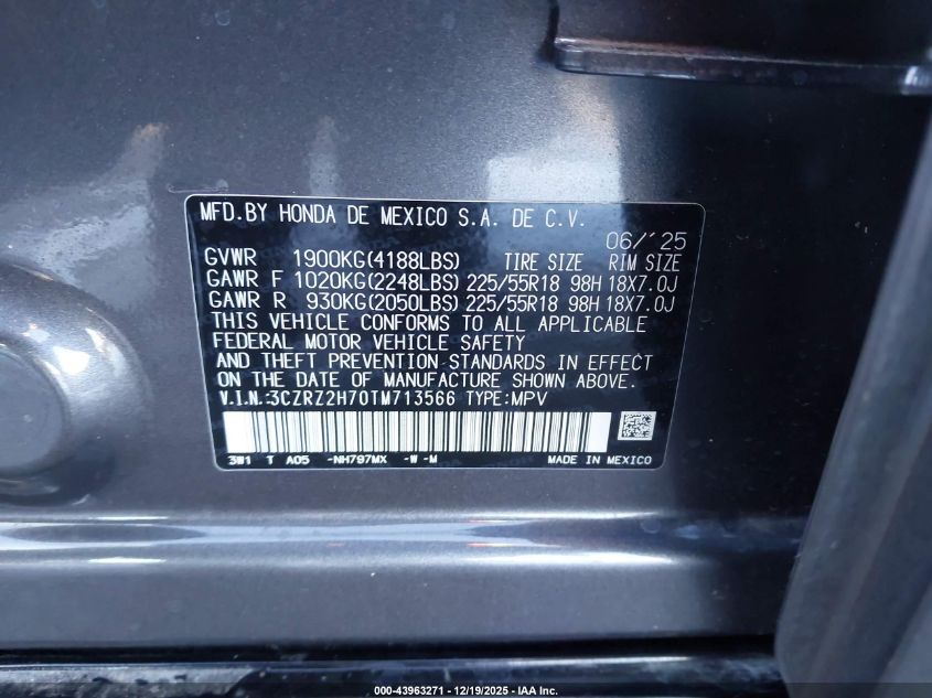 2026 Honda Hr-V Awd Ex-L VIN: 3CZRZ2H70TM713566 Lot: 43963271