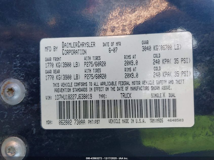 2007 Dodge Ram 1500 Slt/Trx4 Off Road/Sport VIN: 1D7HU18227J638019 Lot: 43963272