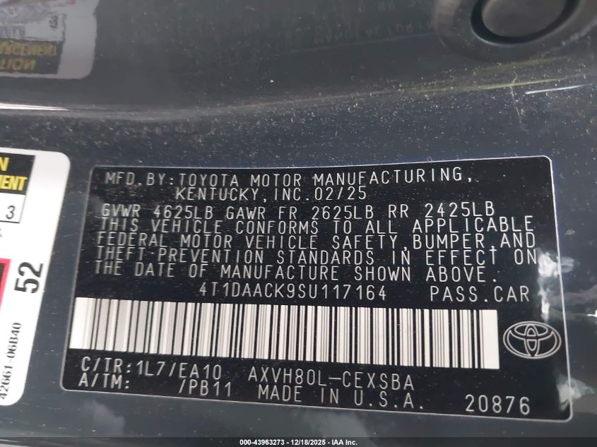 2025 Toyota Camry Se VIN: 4T1DAACK9SU117164 Lot: 43963273