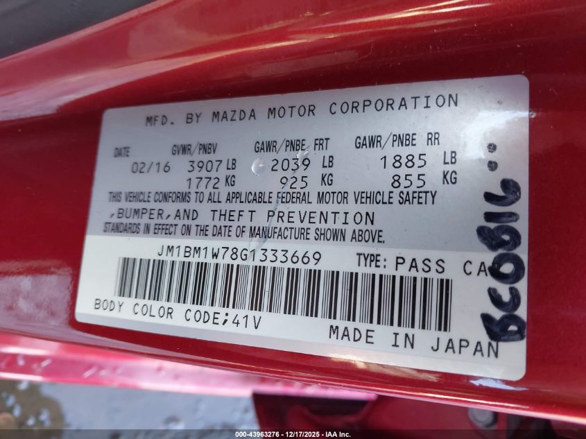 2016 Mazda Mazda3 I Touring VIN: JM1BM1W78G1333669 Lot: 43963276