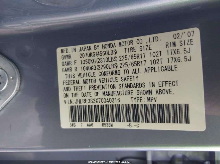 2007 Honda Cr-V Lx VIN: JHLRE383X7C040316 Lot: 43963277
