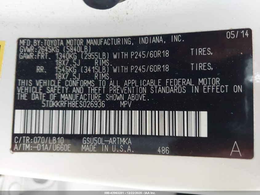 2014 Toyota Highlander Xle V6 VIN: 5TDKKRFH8ES026936 Lot: 43963281