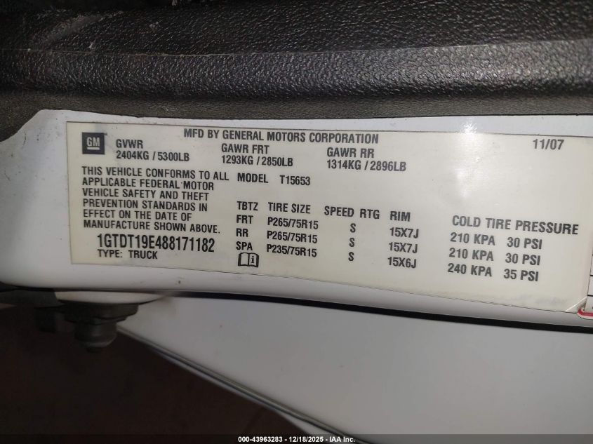 2008 GMC Canyon Sle2 VIN: 1GTDT19E488171182 Lot: 43963283