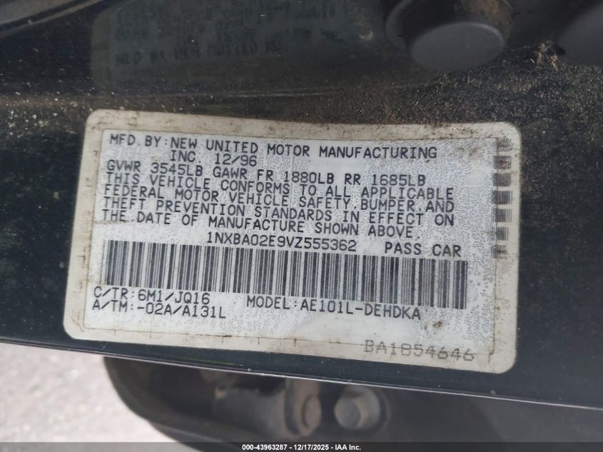 1997 Toyota Corolla Std VIN: 1NXBA02E9VZ555362 Lot: 43963287