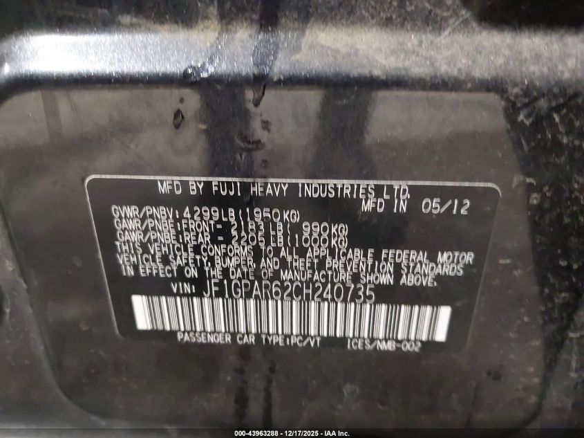2012 Subaru Impreza 2.0I Sport Limited VIN: JF1GPAR62CH240735 Lot: 43963288
