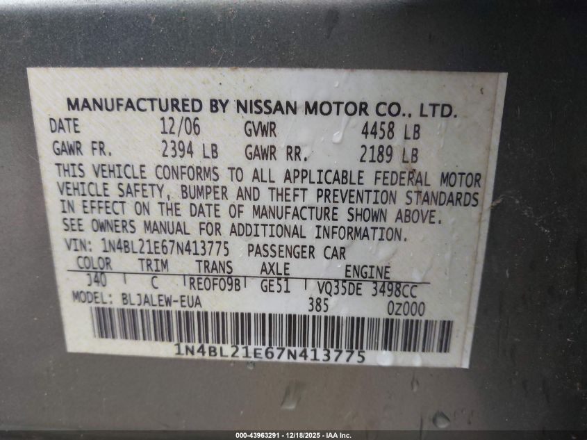 2007 Nissan Altima 3.5 Sl VIN: 1N4BL21E67N413775 Lot: 43963291