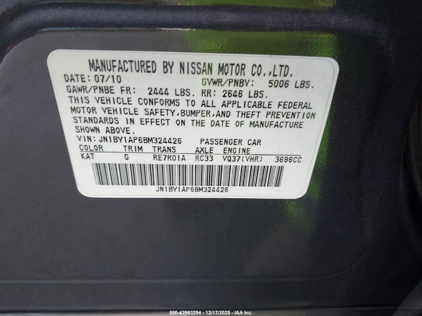 2011 Infiniti M37 VIN: JN1BY1AP6BM324426 Lot: 43963294