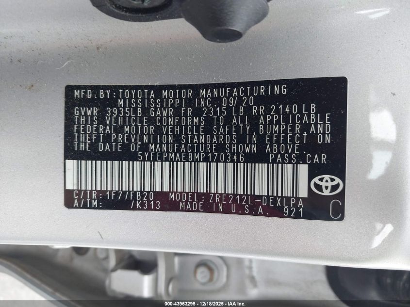 2021 Toyota Corolla Le VIN: 5YFEPMAE8MP170346 Lot: 43963295