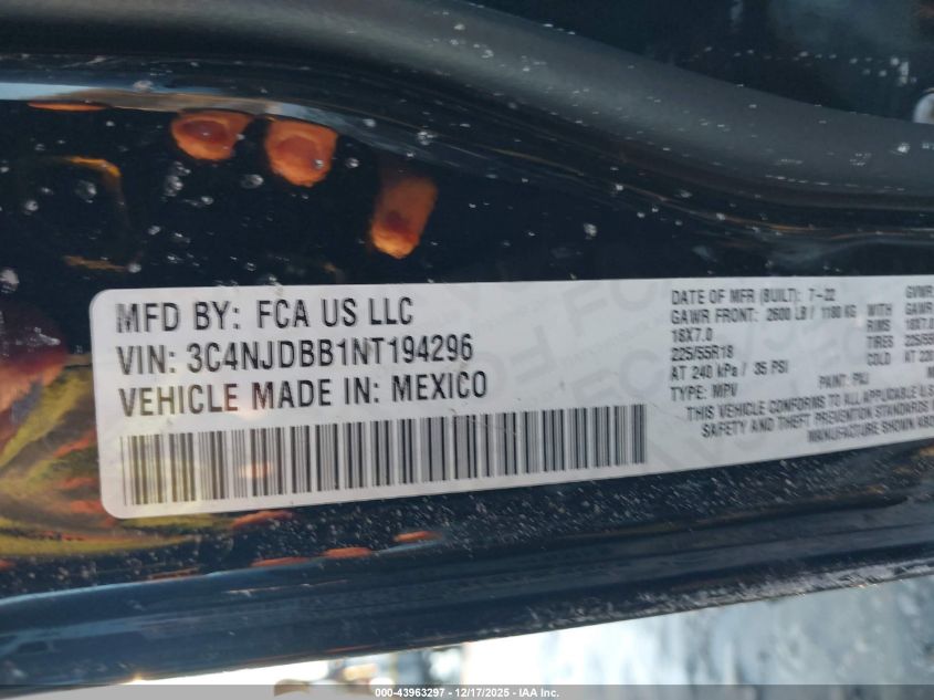 2022 Jeep Compass Altitude 4X4 VIN: 3C4NJDBB1NT194296 Lot: 43963297