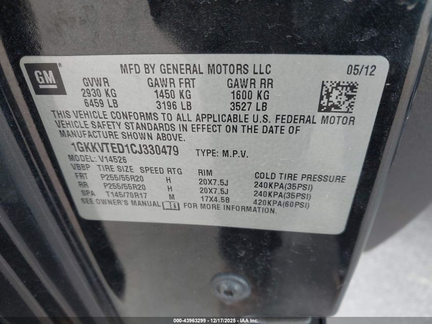 2012 GMC Acadia Denali VIN: 1GKKVTED1CJ330479 Lot: 43963299