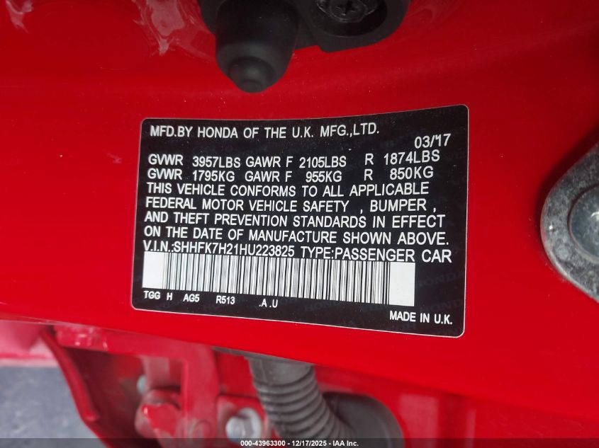 2017 Honda Civic Lx VIN: SHHFK7H21HU223825 Lot: 43963300