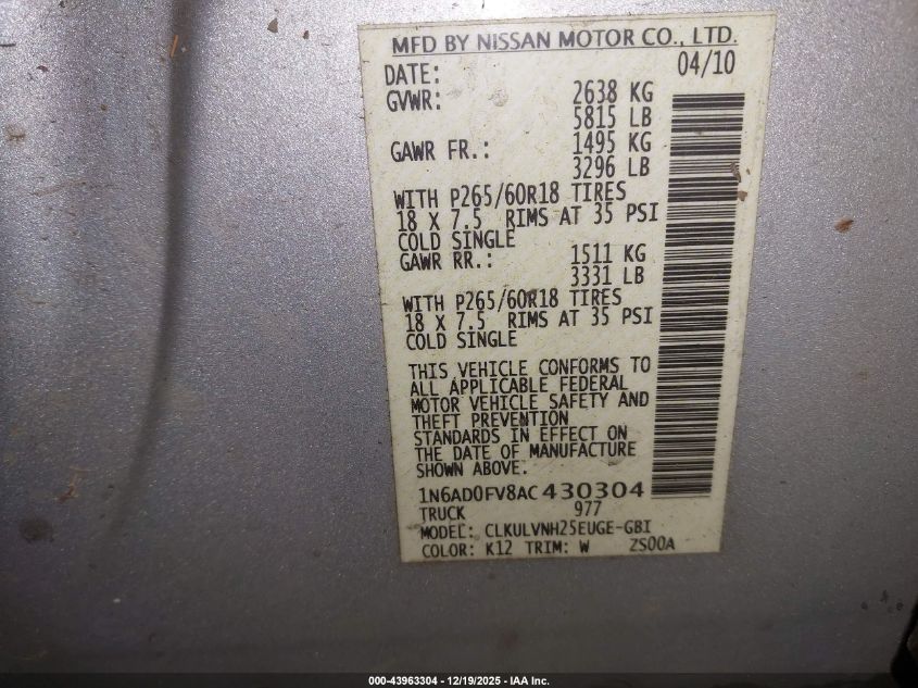 2010 Nissan Frontier Le VIN: 1N6AD0FV8AC430304 Lot: 43963304