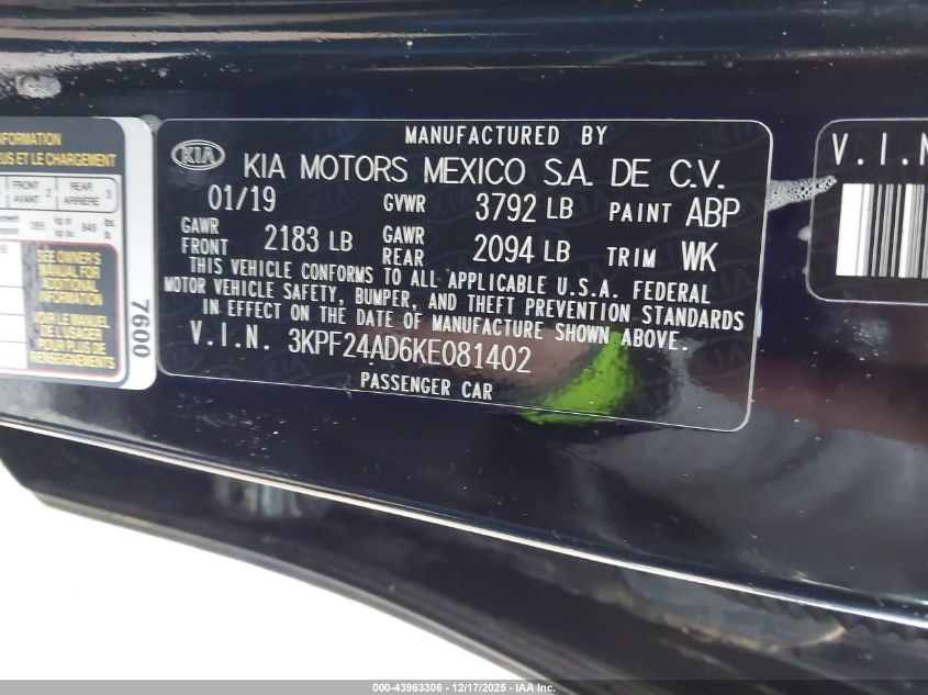 2019 Kia Forte Fe VIN: 3KPF24AD6KE081402 Lot: 43963306