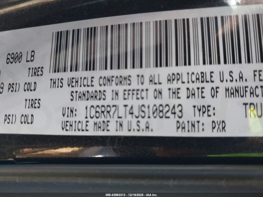 2018 Ram 1500 Big Horn 4X4 5'7 Box VIN: 1C6RR7LT4JS108243 Lot: 43963313
