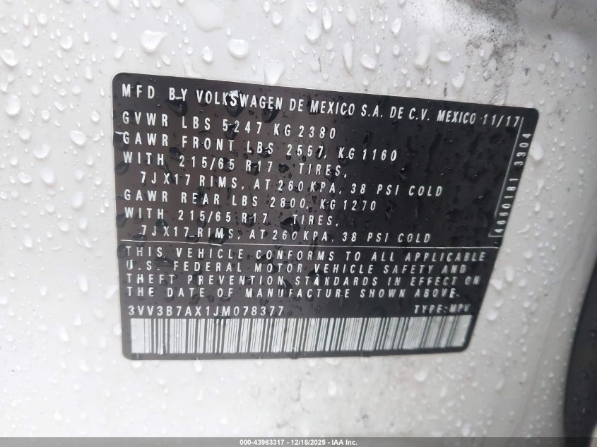 2018 Volkswagen Tiguan 2.0T Se/2.0T Sel VIN: 3VV3B7AX1JM078377 Lot: 43963317