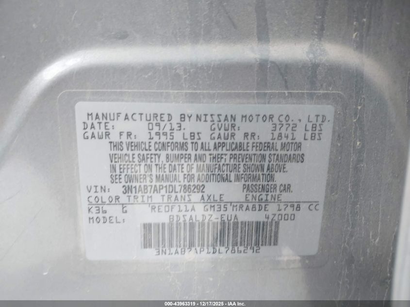 2013 Nissan Sentra Sv VIN: 3N1AB7AP1DL786292 Lot: 43963319